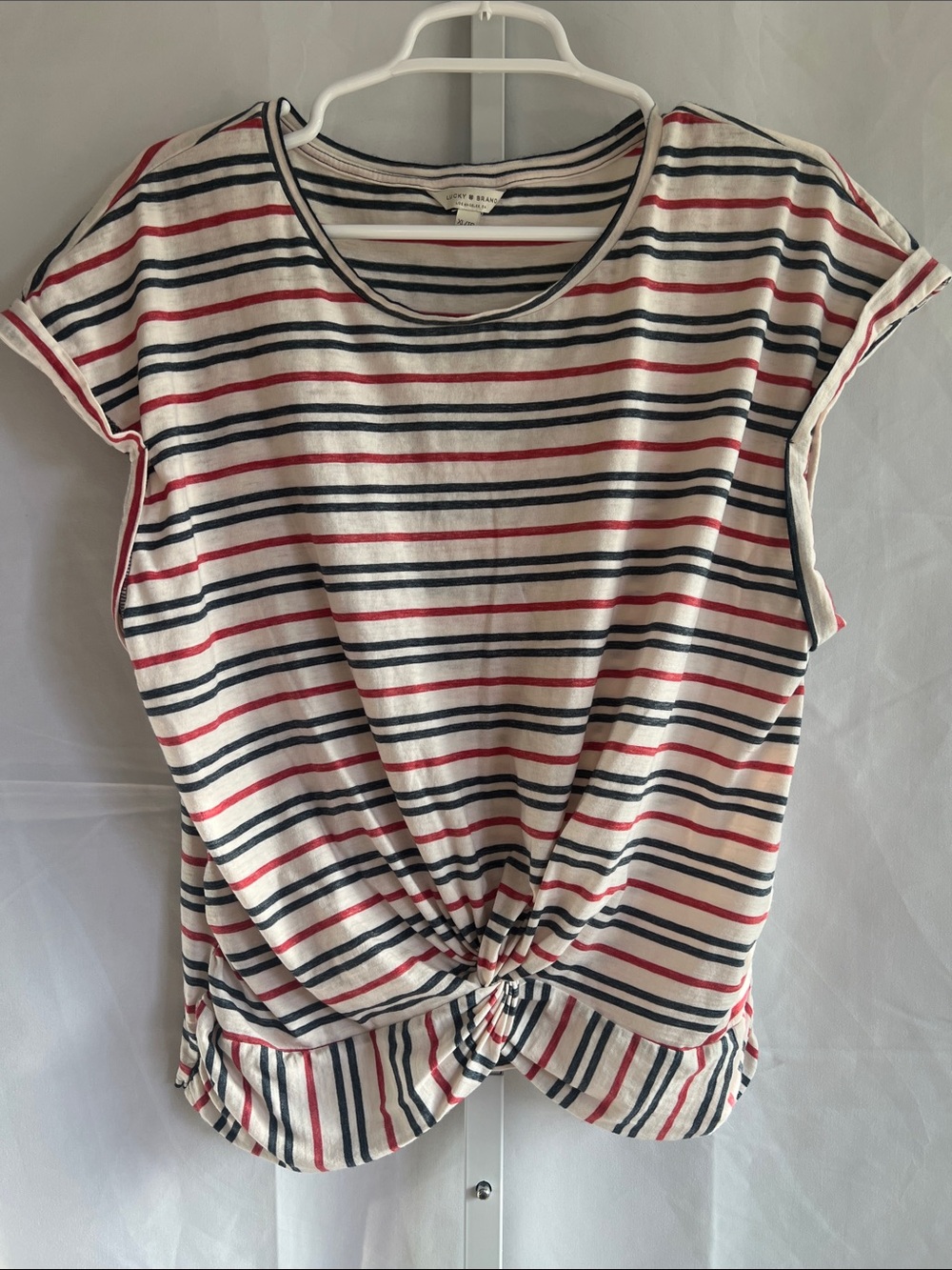 Lucky Brand Cream, Navy & Red Striped Knot-Front Tee